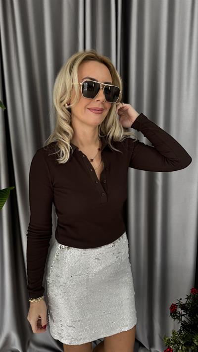 Polo Yaka Fitilli Kaşkorse Kahverengi Bluz