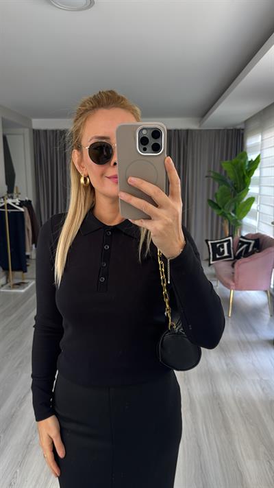 Polo Yaka Fitilli Kaşkorse Siyah Bluz