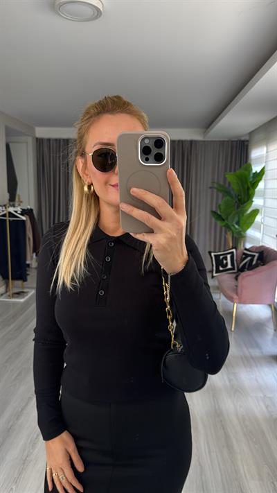 Polo Yaka Fitilli Kaşkorse Siyah Bluz