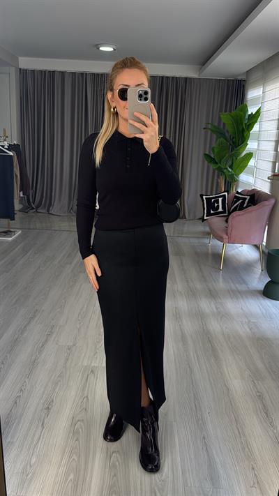 Polo Yaka Fitilli Kaşkorse Siyah Bluz