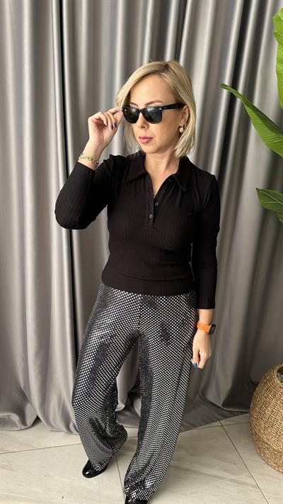 POLO YAKA FİTİLLİ KAŞKORSE SİYAH BLUZ