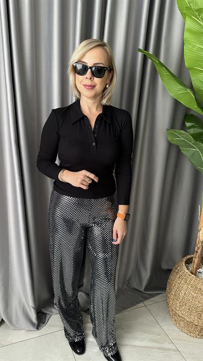 POLO YAKA FİTİLLİ KAŞKORSE SİYAH BLUZ