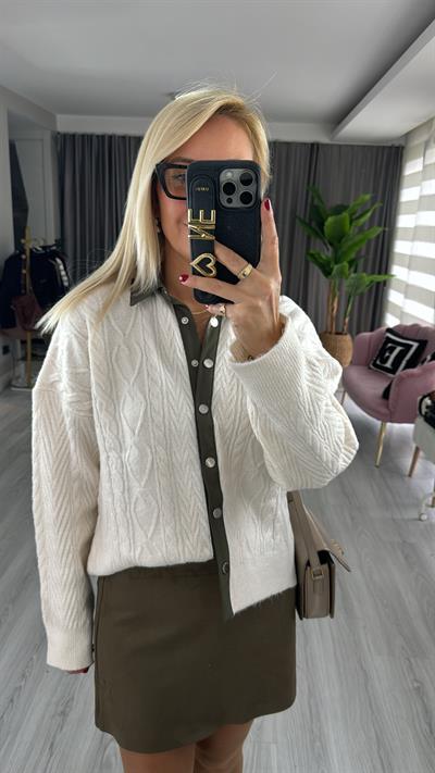 Polo Yaka Garnili Çıtçıt Detay Ekru Hırka