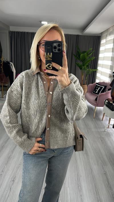 Polo Yaka Garnili Çıtçıt Detay Vizon Hırka