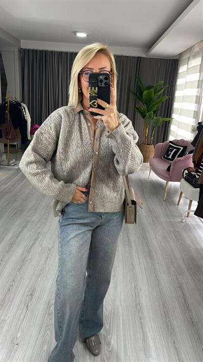 Polo Yaka Garnili Çıtçıt Detay Vizon Hırka