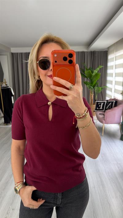 Polo Yaka Gold Düğme Detaylı Bordo Triko