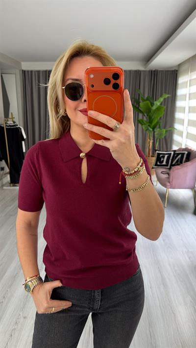 Polo Yaka Gold Düğme Detaylı Bordo Triko