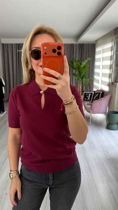 Polo Yaka Gold Düğme Detaylı Bordo Triko