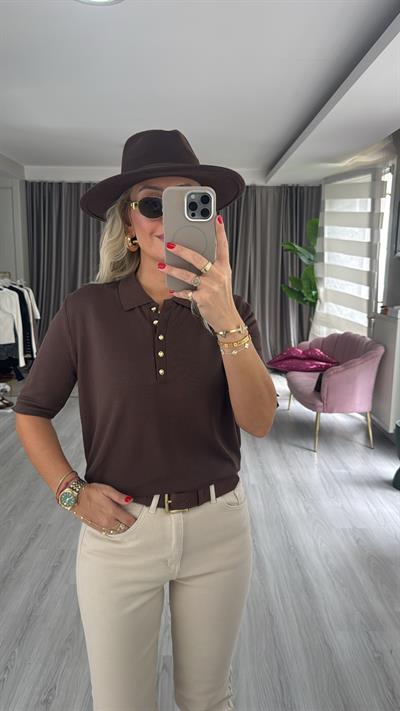 Polo Yaka Gold Düğmeli Acı Kahve Merserize Triko