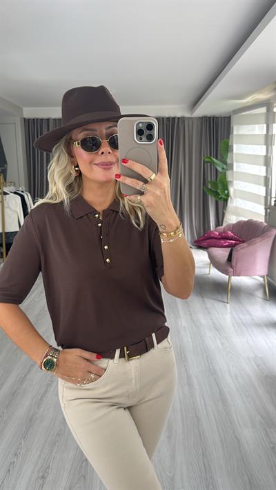 Polo Yaka Gold Düğmeli Acı Kahve Merserize Triko