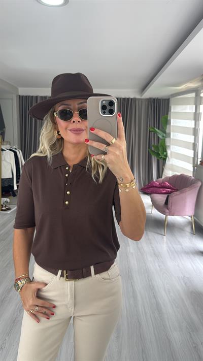Polo Yaka Gold Düğmeli Acı Kahve Merserize Triko