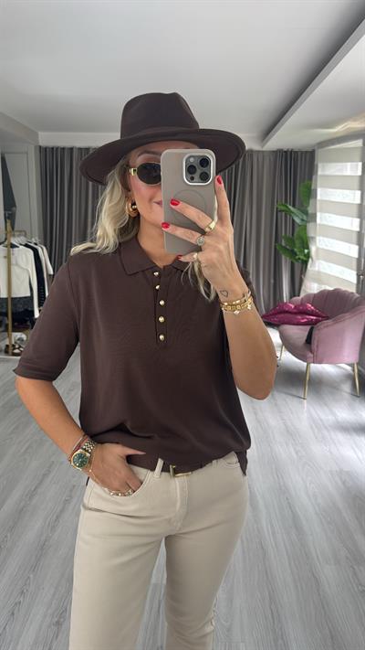 Polo Yaka Gold Düğmeli Acı Kahve Merserize Triko