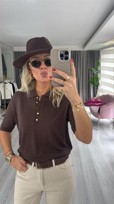 Polo Yaka Gold Düğmeli Acı Kahve Merserize Triko