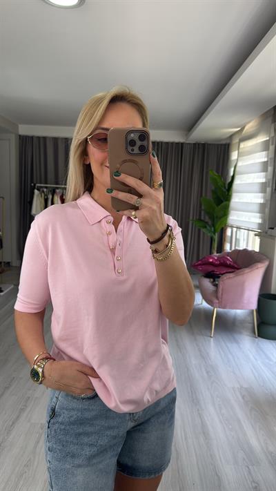 Polo Yaka Gold Düğmeli Açık Pembe Triko