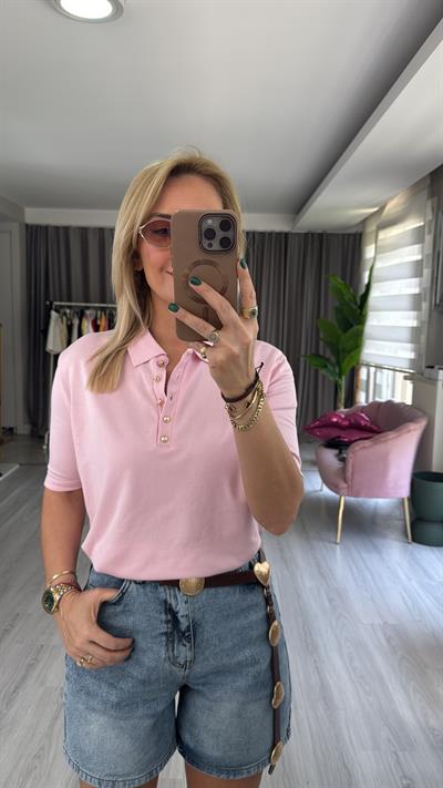 Polo Yaka Gold Düğmeli Açık Pembe Triko