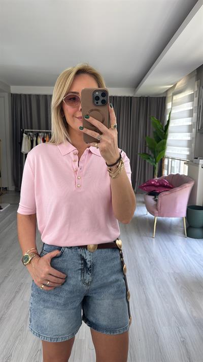 Polo Yaka Gold Düğmeli Açık Pembe Triko