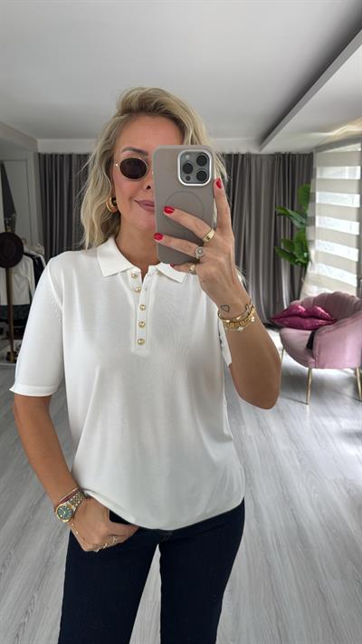 Polo Yaka Gold Düğmeli Ekru Merserize Triko