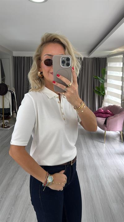 Polo Yaka Gold Düğmeli Ekru Merserize Triko