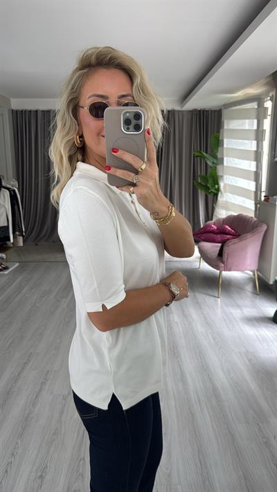 Polo Yaka Gold Düğmeli Ekru Merserize Triko