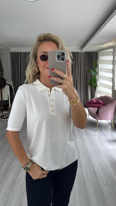 Polo Yaka Gold Düğmeli Ekru Merserize Triko