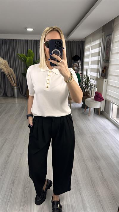 Polo Yaka Gold Düğmeli Ekru Triko
