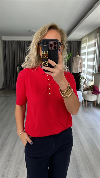 Polo Yaka Gold Düğmeli Kırmızı Triko