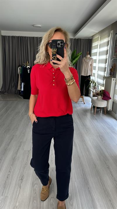 Polo Yaka Gold Düğmeli Kırmızı Triko