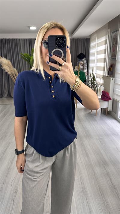 Polo Yaka Gold Düğmeli Lacivert Triko
