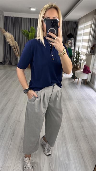Polo Yaka Gold Düğmeli Lacivert Triko