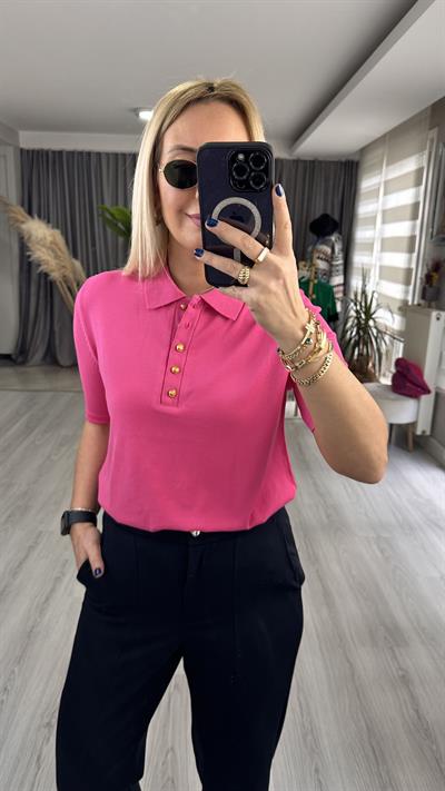 Polo Yaka Gold Düğmeli Pembe Triko