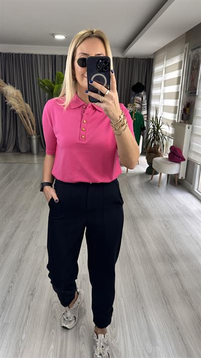 Polo Yaka Gold Düğmeli Pembe Triko