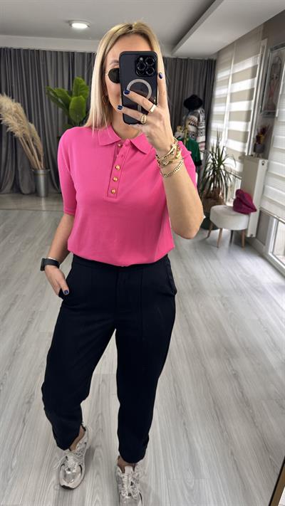 Polo Yaka Gold Düğmeli Pembe Triko