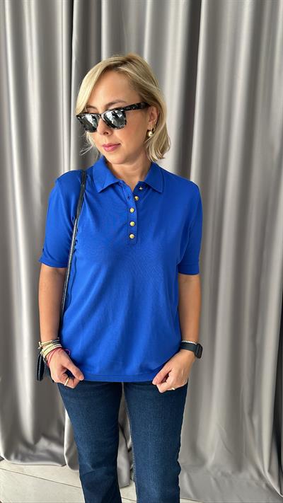 Polo Yaka Gold Düğmeli Saks Mavisi Triko