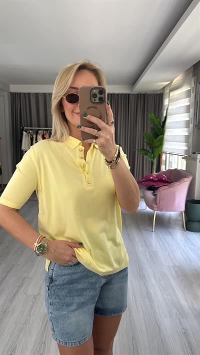 Polo Yaka Gold Düğmeli Sarı Triko