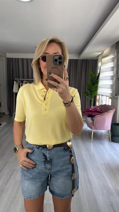 Polo Yaka Gold Düğmeli Sarı Triko