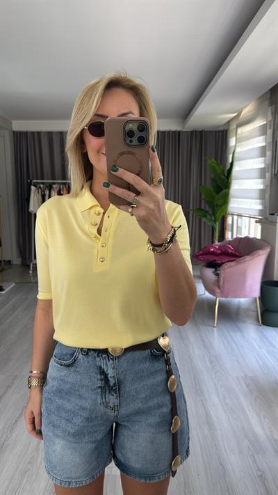 Polo Yaka Gold Düğmeli Sarı Triko