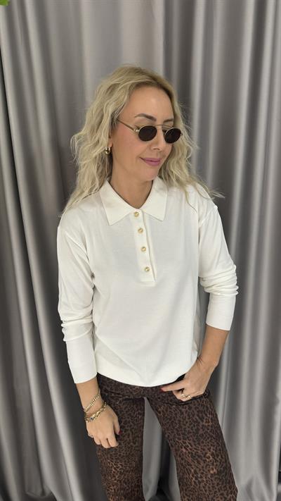 Polo Yaka Gold Düğmeli Uzun Kol Ekru Triko