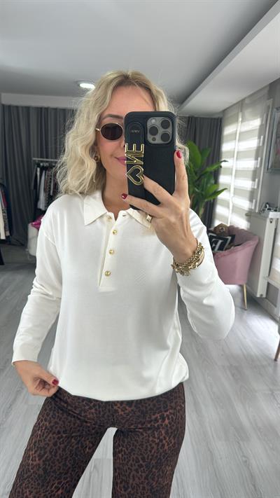 Polo Yaka Gold Düğmeli Uzun Kol Ekru Triko