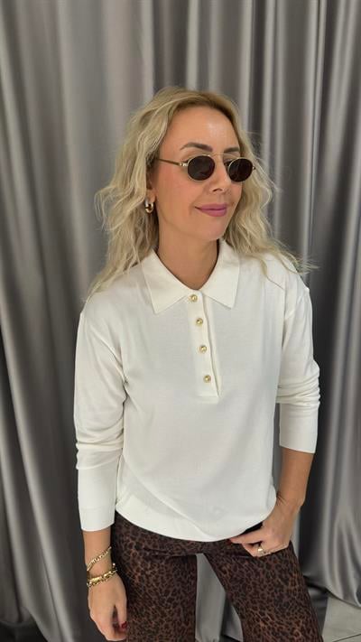 Polo Yaka Gold Düğmeli Uzun Kol Ekru Triko