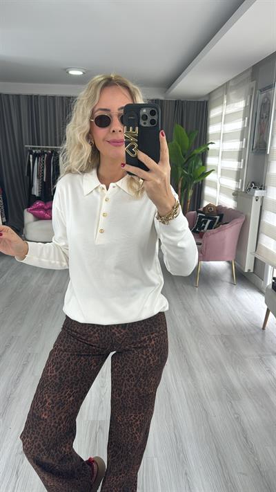 Polo Yaka Gold Düğmeli Uzun Kol Ekru Triko