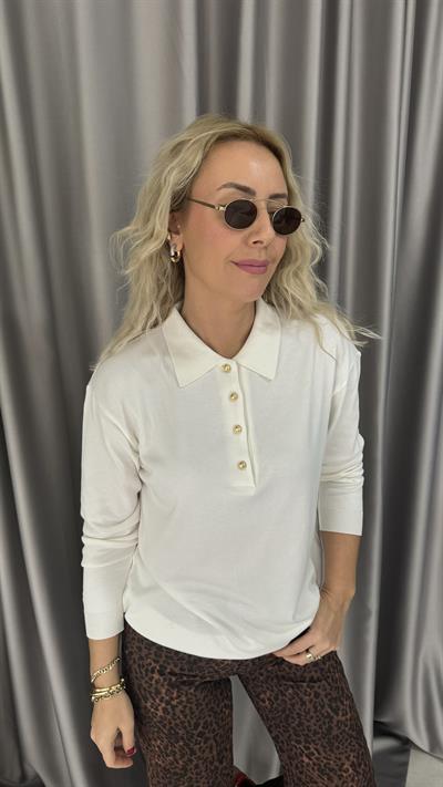 Polo Yaka Gold Düğmeli Uzun Kol Ekru Triko