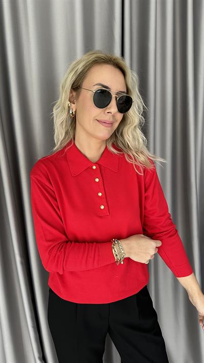 Polo Yaka Gold Düğmeli Uzun Kol Kırmızı Triko