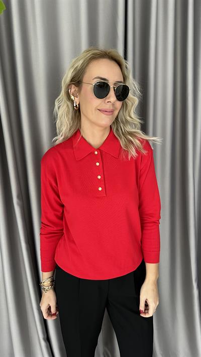 Polo Yaka Gold Düğmeli Uzun Kol Kırmızı Triko