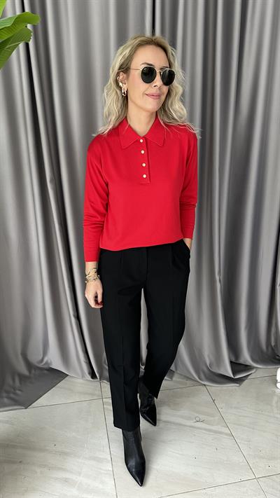 Polo Yaka Gold Düğmeli Uzun Kol Kırmızı Triko