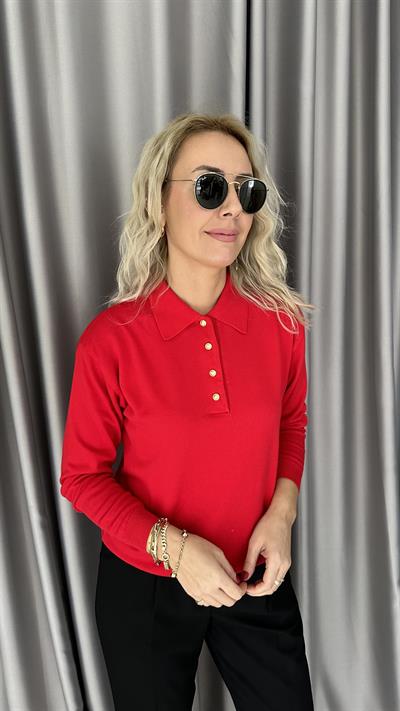 Polo Yaka Gold Düğmeli Uzun Kol Kırmızı Triko