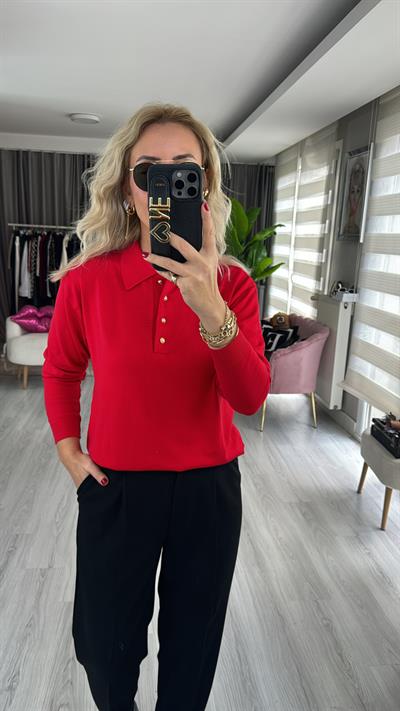 Polo Yaka Gold Düğmeli Uzun Kol Kırmızı Triko