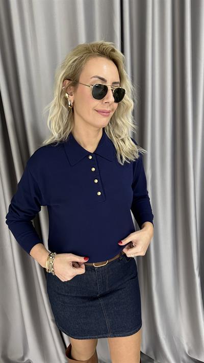 Polo Yaka Gold Düğmeli Uzun Kol Lacivert Triko