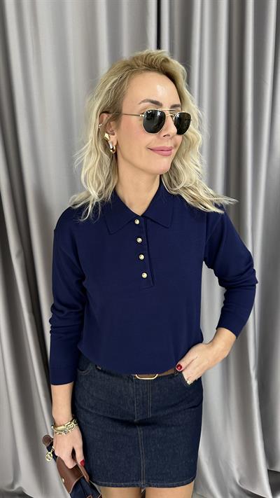 Polo Yaka Gold Düğmeli Uzun Kol Lacivert Triko
