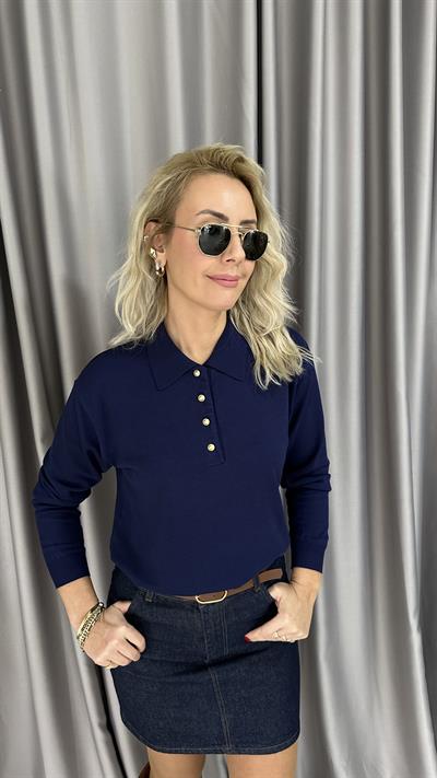 Polo Yaka Gold Düğmeli Uzun Kol Lacivert Triko