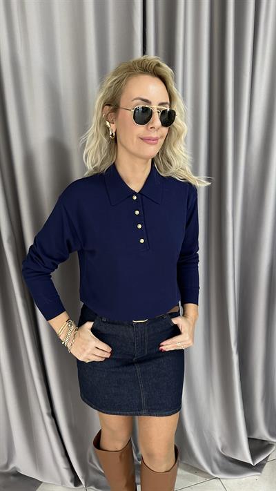 Polo Yaka Gold Düğmeli Uzun Kol Lacivert Triko